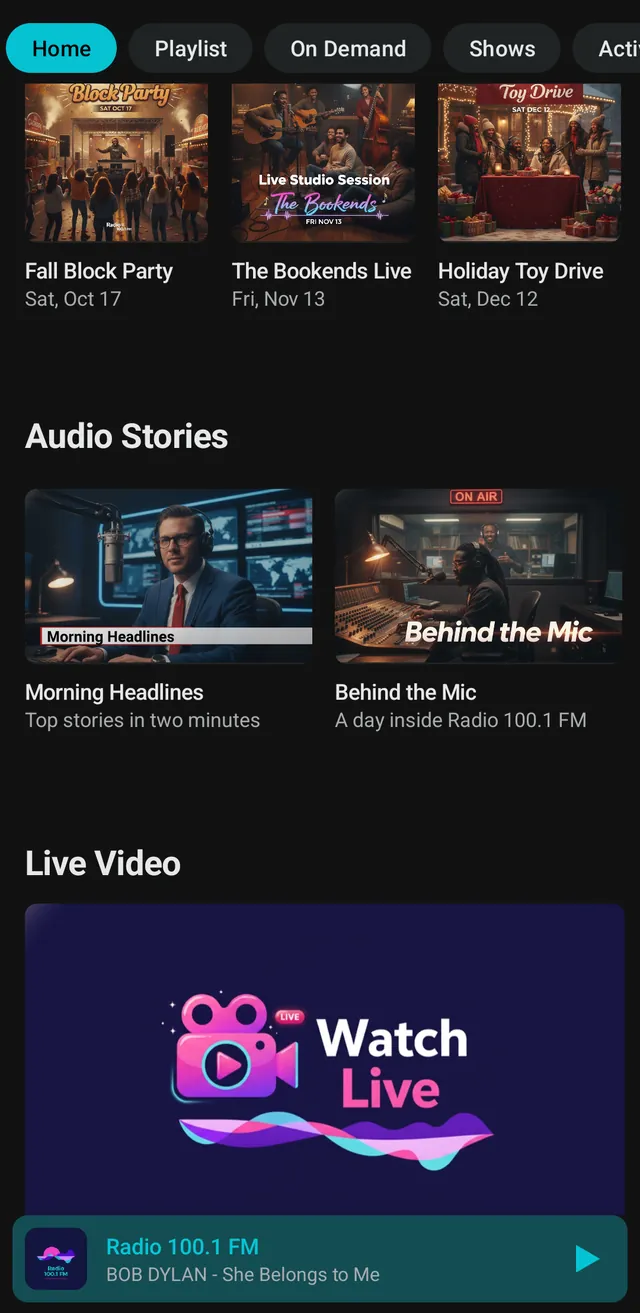 Radio 100.1 FM: Events, audio stories and live video
