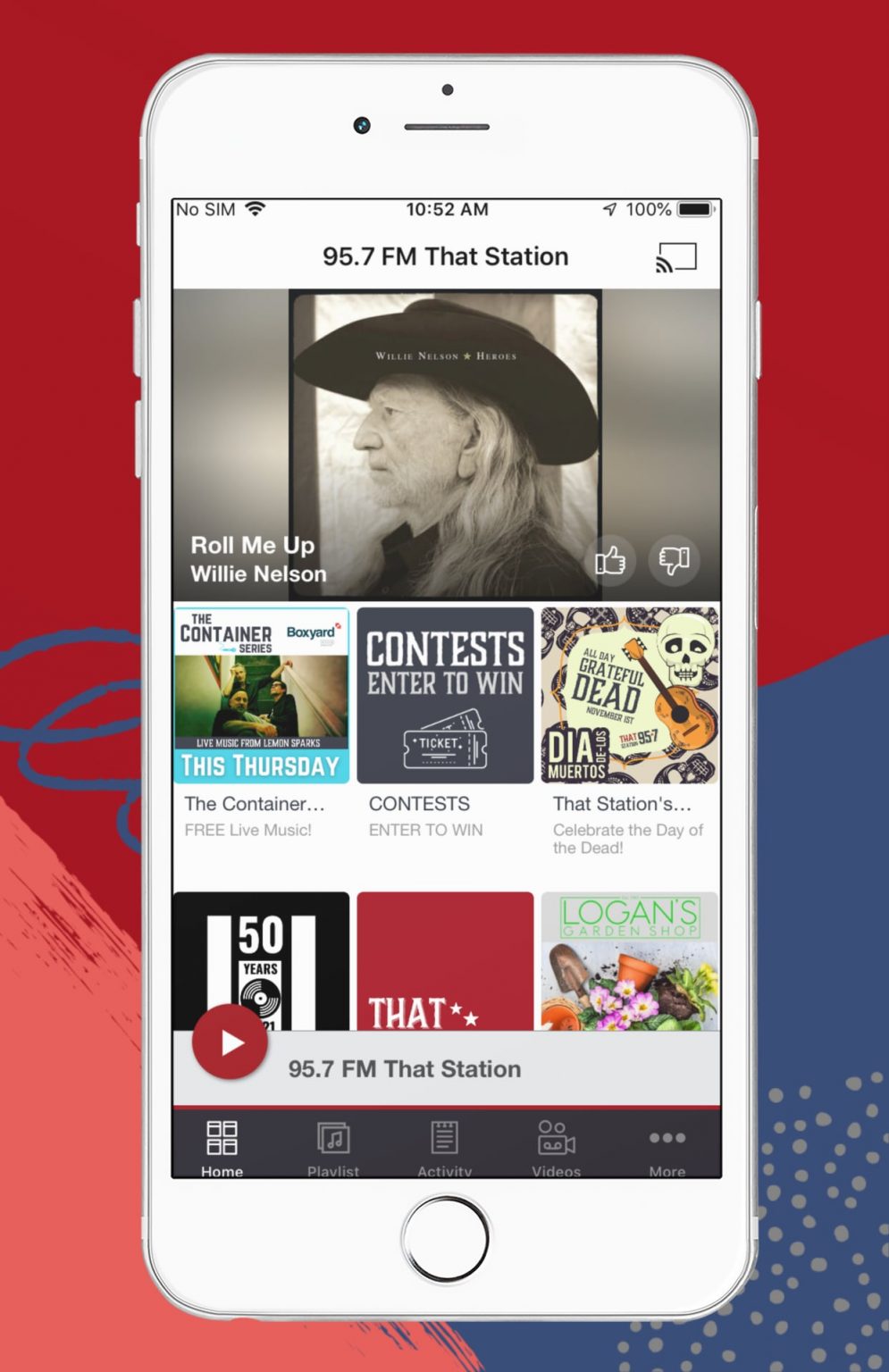 screenshot of the 95.7 FM app home page
